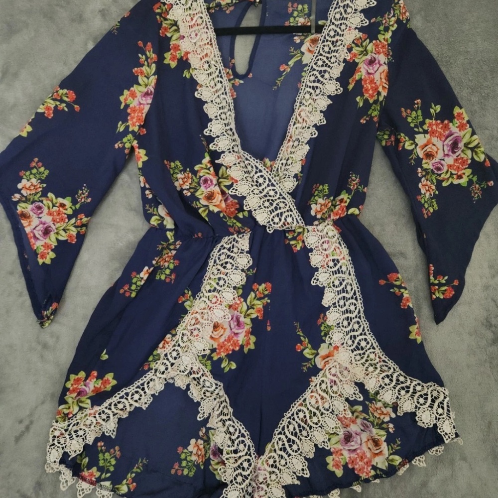 Poetry Floral Lace Trim Jumpsuit - Navy and Pink